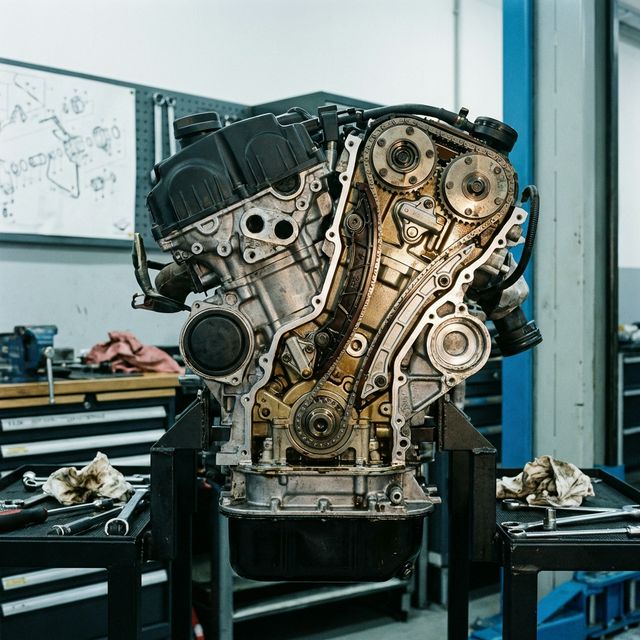A technical view of a BMW N47 engine highlighting the timing chain area