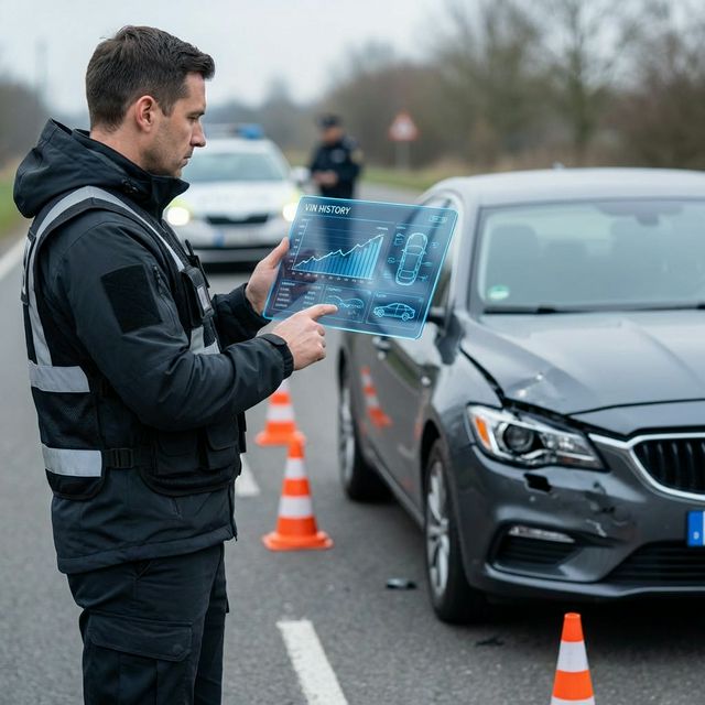 Ein professioneller Kfz-Gutachter an einem Unfallort, der einen digitalen Polizeibericht auf einem Tablet prüft.