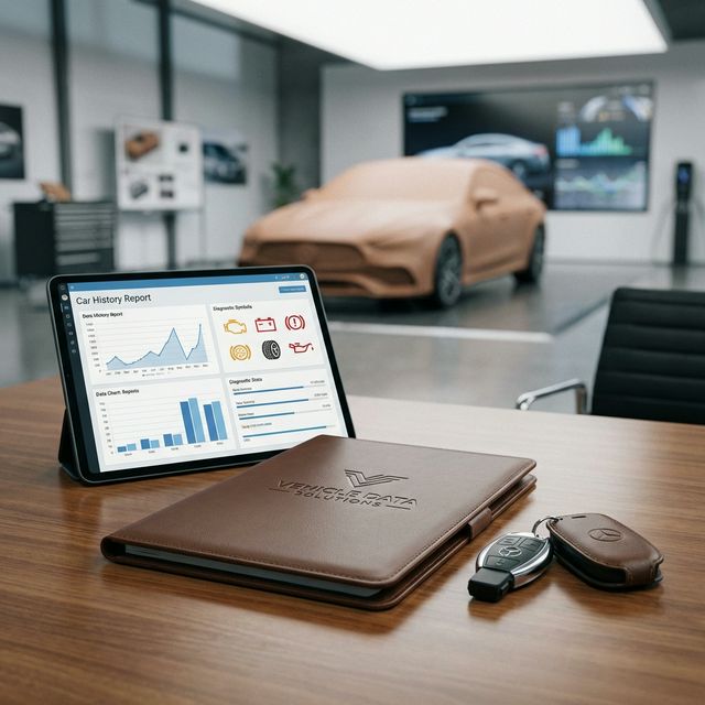 Ein professioneller Analyst überprüft eine detaillierte Fahrzeughistorie auf einem Tablet, während im Hintergrund mechanische Ausfall-Statistiken leuchten.