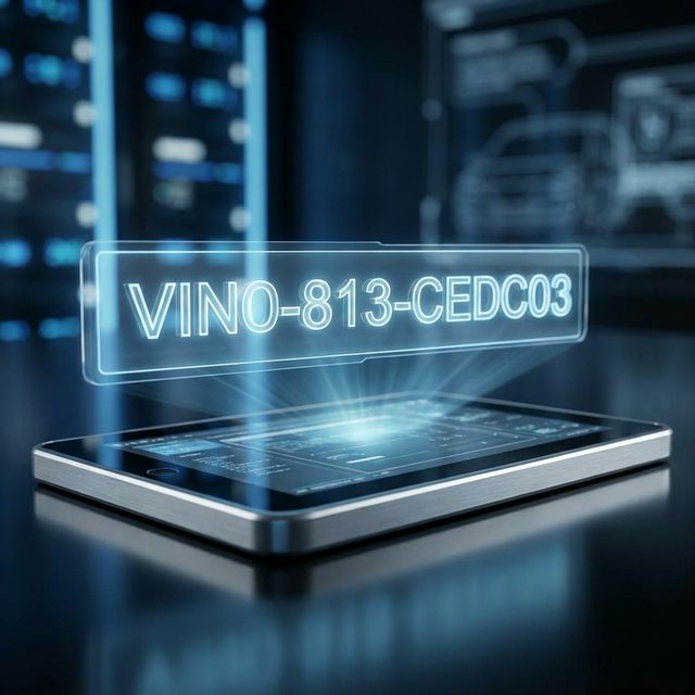 Glowender digitaler VIN-Code über einem Diagnose-Tablet in einer modernen Werkstatt