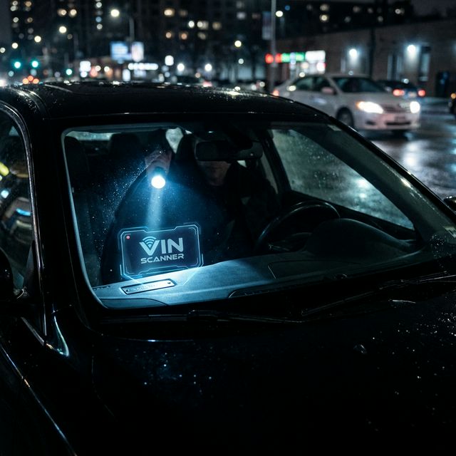 Eine digitale Hochtechnologie-Schnittstelle scannt bei Nacht die Fahrgestellnummer (VIN) hinter einer Windschutzscheibe.