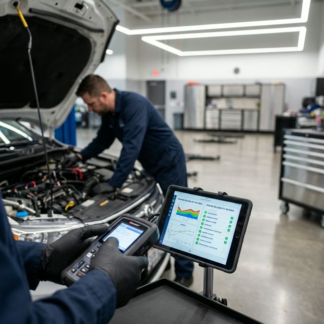 Ein Mechaniker führt in einer Werkstatt eine Diagnose an einem Motor durch, daneben ein Tablet mit Zuverlässigkeits-Ratings.