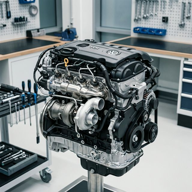 A detailed view of a Volkswagen 2.0 TDI engine in a workshop setting